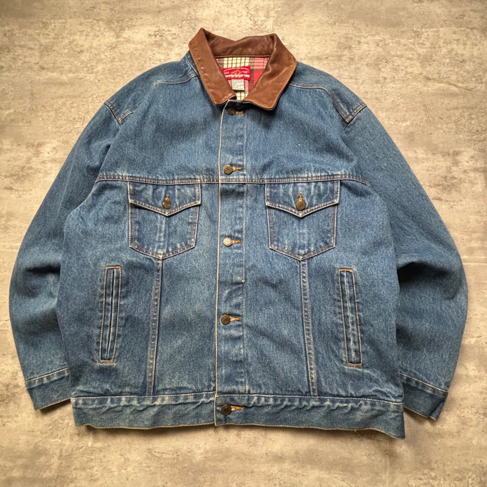 Marlboro Country Store Denim Jacket Large Blue Leather Collar Flannel Lined
